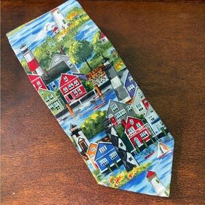 Lighthouses Seaside Town Colorful Nautical Themed Cotton Tie